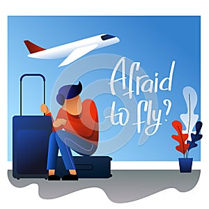 A vector image of a man with suitcases having an aerophobia.