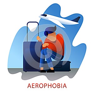 A vector image of a man with suitcases having an aerophobia.