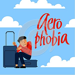 A vector image of a man with suitcases having an aerophobia.