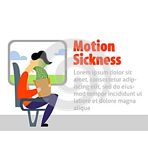 A vector image of a man in the transport with motion sickness. A color image for a travel poster, flyer