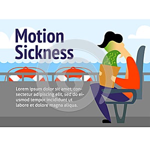 A vector image of a man in the transport with motion sickness. A color image for a travel poster, flyer