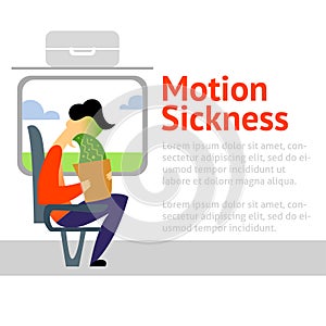 A vector image of a man in the transport with motion sickness. A color image for a travel poster, flyer