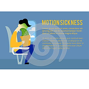 A vector image of a man in the transport with motion sickness. A color image for a travel poster, flyer