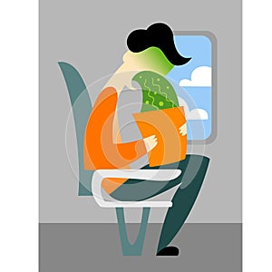 A vector image of a man in the transport with motion sickness. A color image for a travel poster, flyer