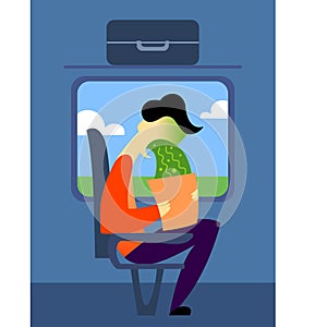 A vector image of a man in the transport with motion sickness. A color image for a travel poster, flyer