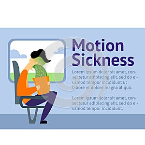 A vector image of a man in the transport with motion sickness. A color image for a travel poster, flyer