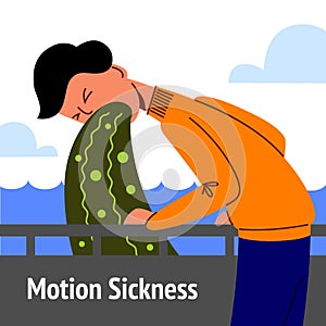 A vector image of a man in the transport with motion sickness and dizziness. A color image for a travel poster, flyer