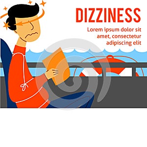 A vector image of a man in the transport with motion sickness and dizziness. A color image for a travel poster, flyer