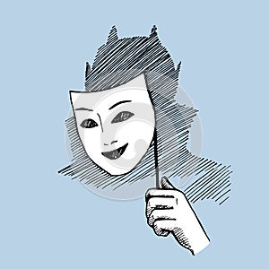 Vector image of a mask and shadow of a man behind her on a white background.