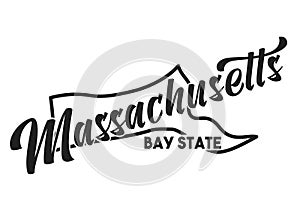 Vector image of Massachusetts. Lettering nickname Bay State. United States of America outline silhouette. Hand-drawn map of US