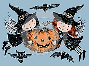 Vector image of merry elves with Halloween pumpkin