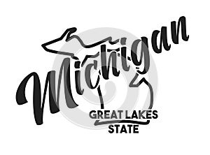 Vector image of Michigan. Lettering nickname Great Lakes State. United States of America outline silhouette. Hand-drawn map of US photo