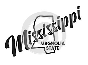 Vector image of Mississippi. Lettering nickname Magnolia State. United States of America outline silhouette. Hand-drawn map of US photo