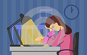 A vector image of a mother working lately at the computer while the baby is sleeping. A part-time job vector.