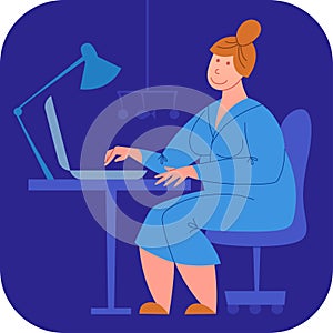 A vector image of a mother working lately at the computer while the baby is sleeping. A part-time job vector. Work and life balanc