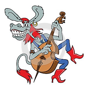 Vector image of a musical donkey, isolated on white. Funny character donkey plays double bass. Multicolored drawing of a cartoon