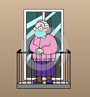 Vector image of an old woman on the balcony. Good old grandmother. Elderly woman,