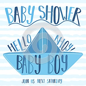 Vector image of a paper boat with the inscription Babe Shower and Ahoy on striped blue background. Illustration on the sea theme f