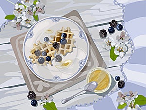 Vector image in pastel colors. The view from the top. Belgian waffles with blueberries and blackberries.