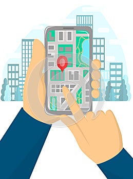 Vector image of a phone with a city map. Smartphone in the hands. Illustration of navigation and gps on screen. Town on the
