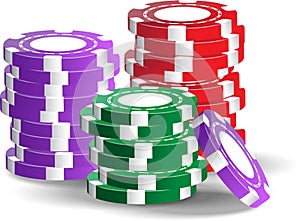 Vector image of the pocker casino chips of the different colors  red, violet, green  isolated on the white background. photo