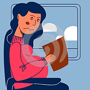 A vector image of a pregmant woman in the transport with motion sickness and dizziness. A color image for a travel poster, flyer