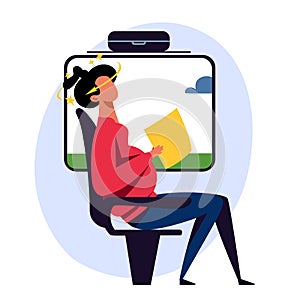 A vector image of a pregnant woman in the transport with motion sickness and dizziness.