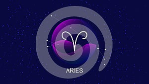 Vector image representing night, starry sky with aries zodiac constellation behind glass sphere with encapsulated aries sign and c