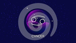 Vector image representing night, starry sky with cancer zodiac constellation behind glass sphere with encapsulated cancer sign and