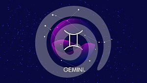 Vector image representing night, starry sky with gemini zodiac constellation behind glass sphere with encapsulated gemini sign and