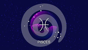 Vector image representing night, starry sky with pisces zodiac constellation behind glass sphere with encapsulated pisces sign and