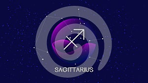 Vector image representing night, starry sky with sagittarius zodiac constellation behind glass sphere with encapsulated sagittariu