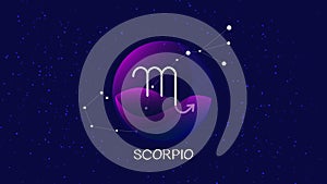 Vector image representing night, starry sky with scorpio zodiac constellation behind glass sphere with encapsulated scorpio sign a