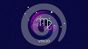 Vector image representing night, starry sky with virgo zodiac constellation behind glass sphere with encapsulated virgo sign and c