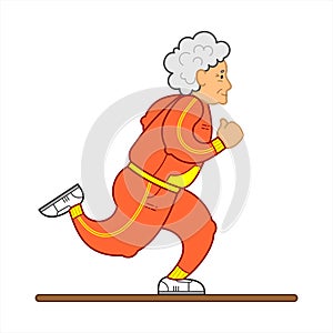 Vector Image Of A Running Old Woman. The Old Woman In A Tracksuit, Sneakers. Elderly Woman, Senile People Concept, Logo. Isolated photo