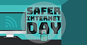 Vector image of safer internet day text with desktop computer and padlock on green wall