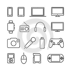 Vector image set of devices and electronics line icons.