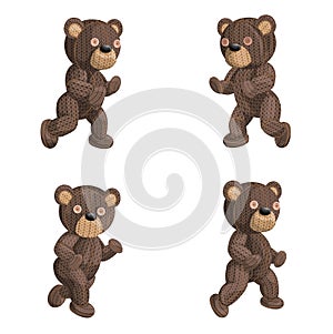 Vector image of a set of four knitted bears in various positions.