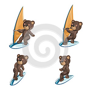 Vector image of a set of four knitted bears in various positions on a surfboard with and without a sail