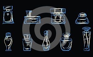Vector image of set outlines different perfumes bottles