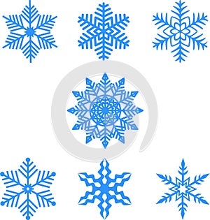 Vector image of the set of seven light blue snowflakes isolated on the white background.