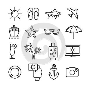 Vector image set summer vacation line icons.