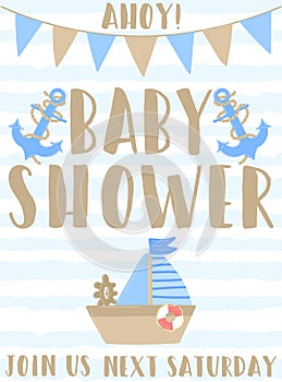 Vector image of a ship, anchor and flags with the inscription Baby Shower and Ahoy on a striped blue background. Illustration on t