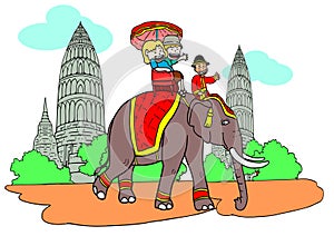 Vector image showing tourists riding a Thai elephant