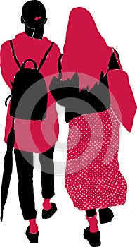 Vector image of silhouettes two friiends girls walking along street