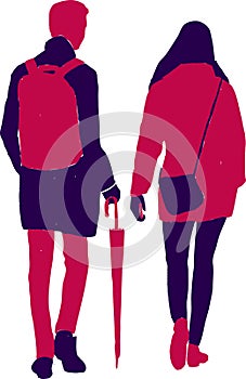 Vector image of silhouettes young people with umbrella walking outdoors