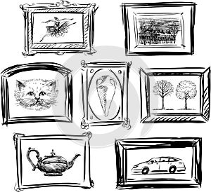 Vector image of sketches various paintings in frames on the wall in art gallery