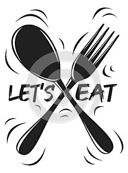 Vector image of a spoon and fork with the inscription Let`s eat. Poster in vintage retro style for printing on the wall. Kitchen