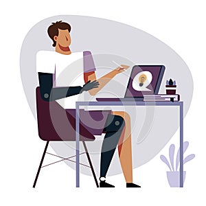 A vector of a student with a prothesis while the remote study