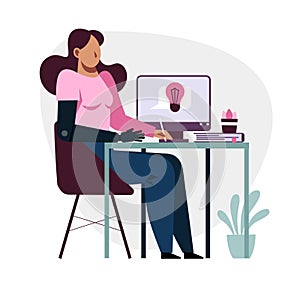 A vector image of a student with a prothesis while the remote study